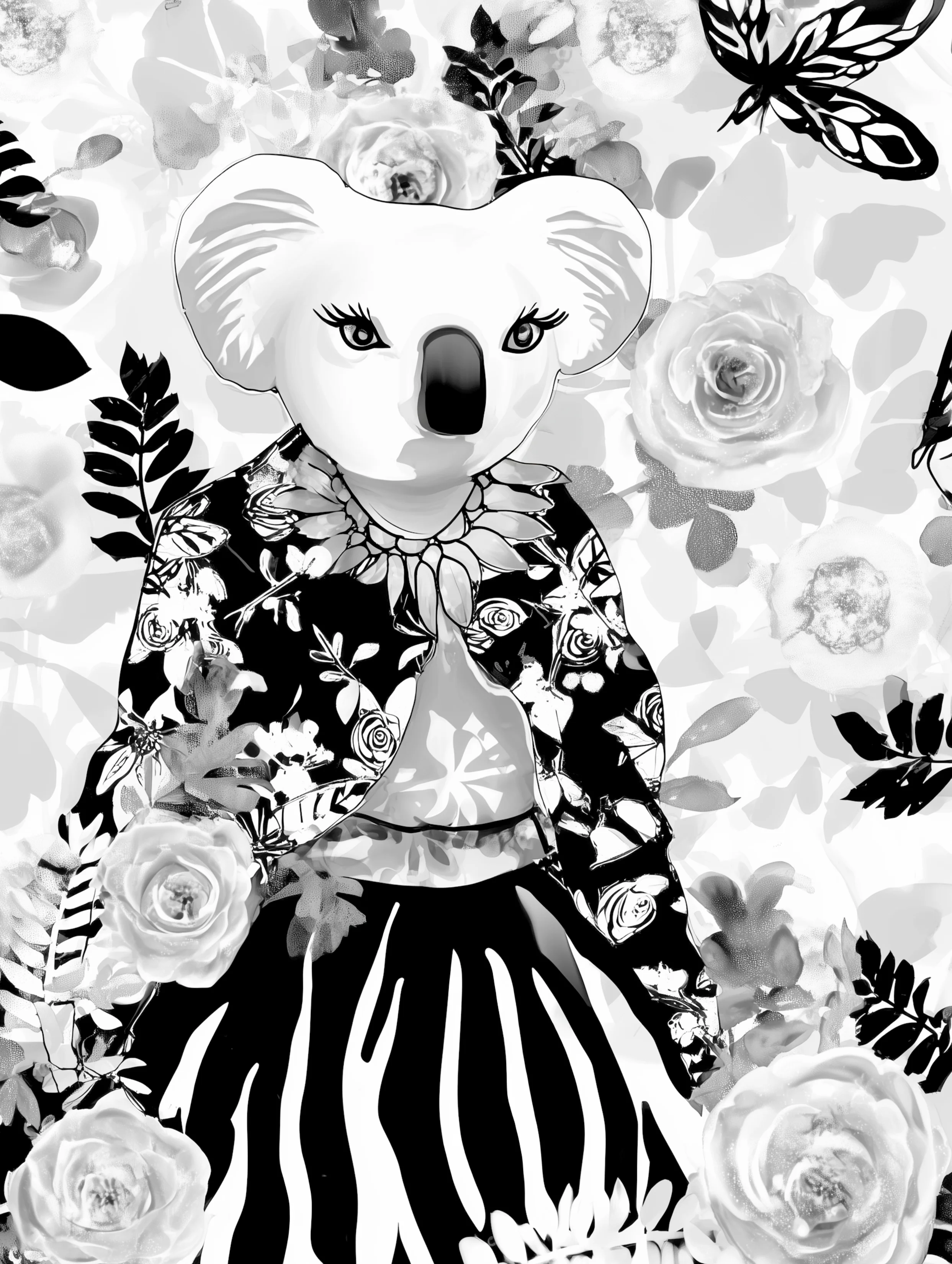 Free printable koala coloring page for adults featuring zebra skirt koala